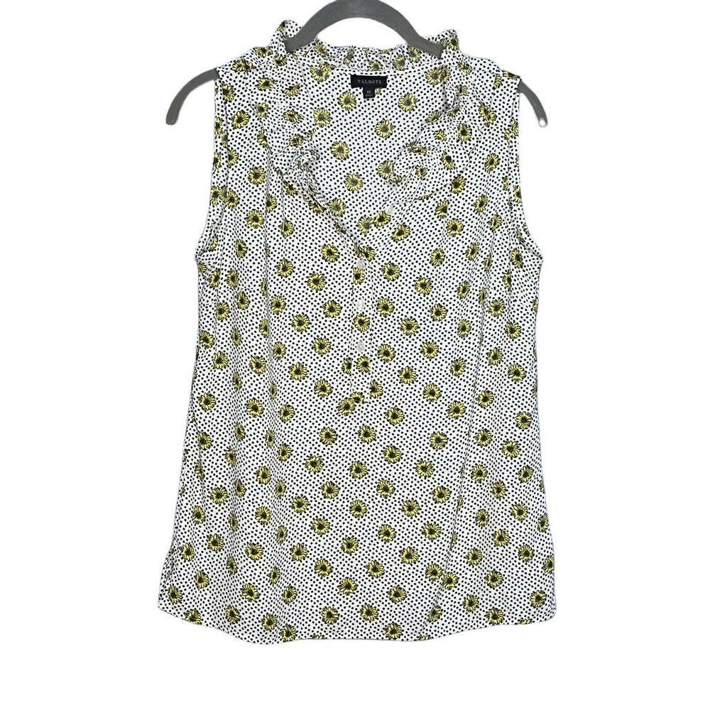 Talbots Career Tank Top Womens White Dot And Daisy Semi Sheer Ruffle Neck XS